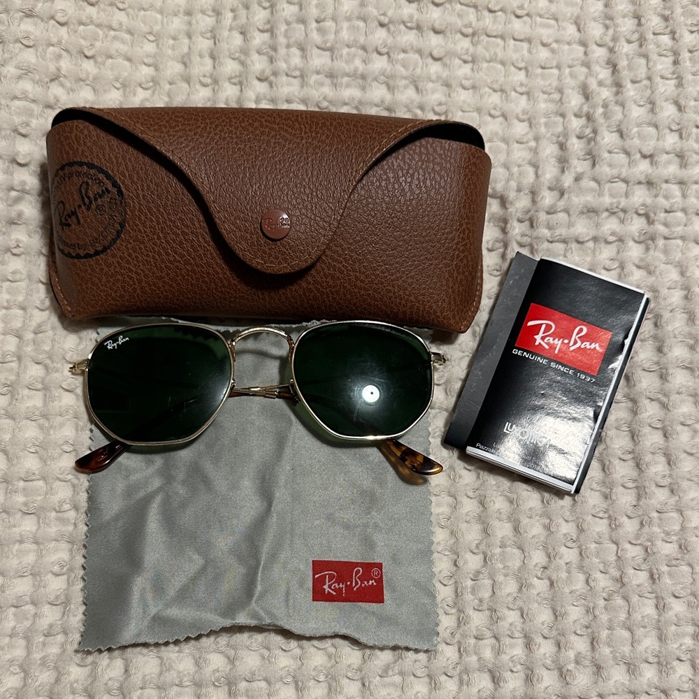 Ray-Ban Gold Hexagon Frame Sunglasses with Green Lenses